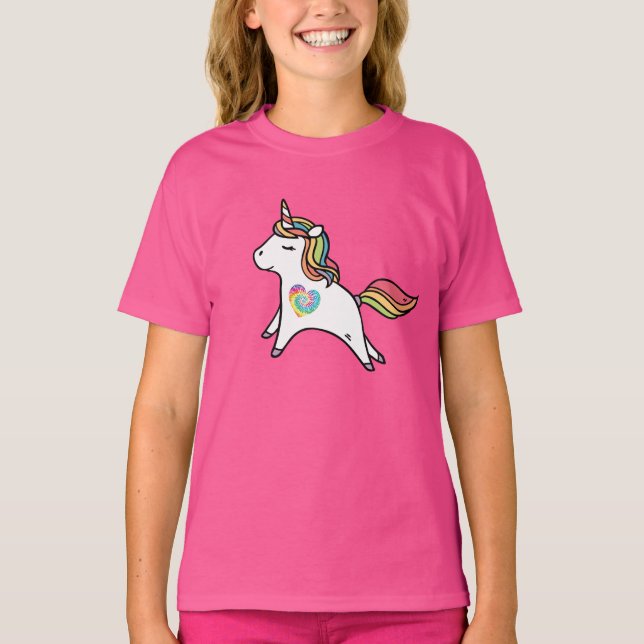 White unicorn with rainbow mane & tie-dyed heart T-Shirt (Front)