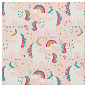 White Unicorn with Rainbow on Pink Fabric