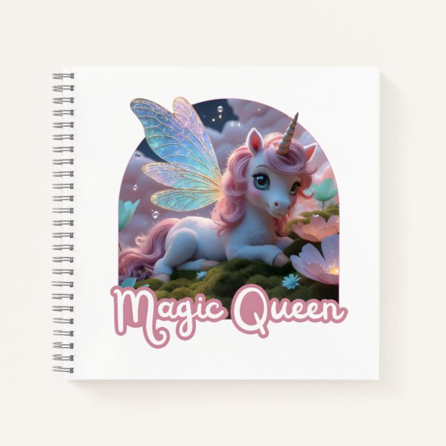 White unicorn with wings - Magic Queen Notebook (Front)