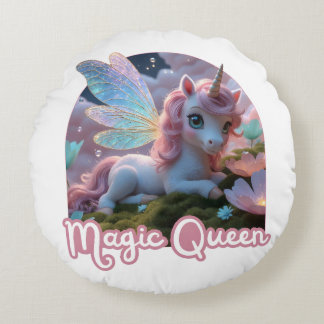 White unicorn with wings - Magic Queen Round Cushion