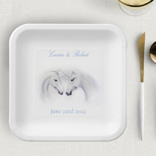 White Unicorns Love Couple Paper Plate