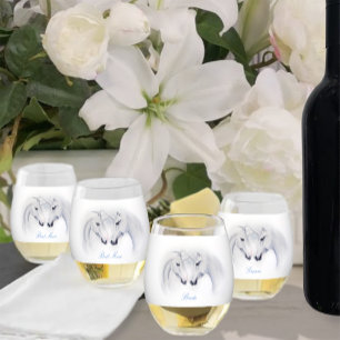 White Unicorns Love Couple Stemless Wine Glass