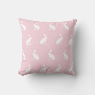 White Upright Bunnies Pattern. Girly Pink Cushion