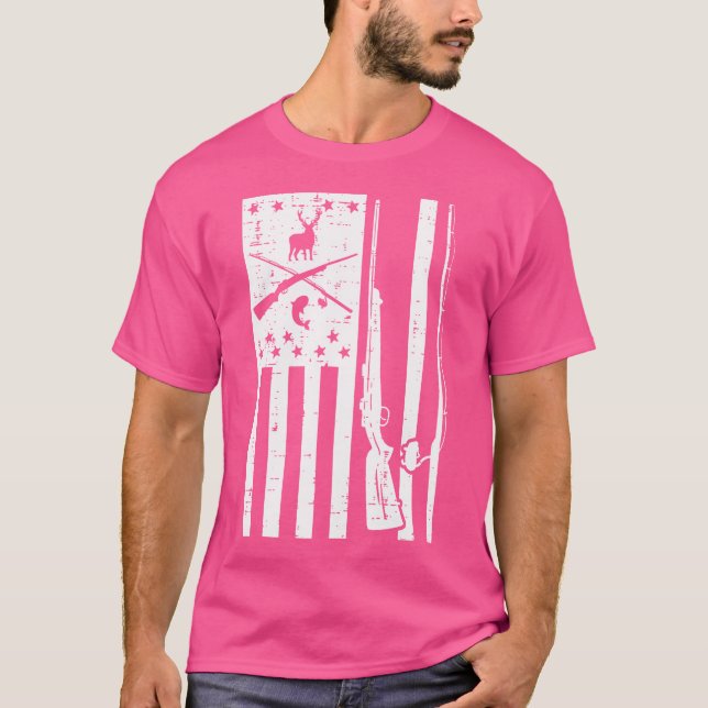White Us Flag Rifle Fishing Rod Fish Deer Hunting  T-Shirt (Front)