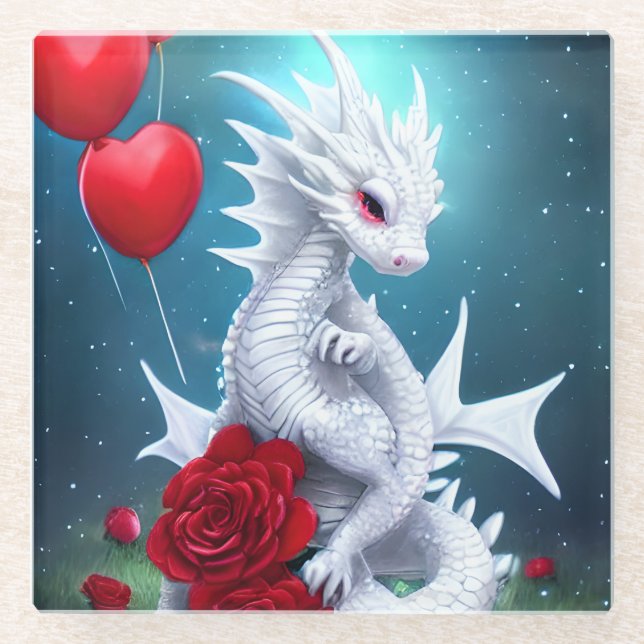 White Valentine Love Dragon Glass Coaster (Front)