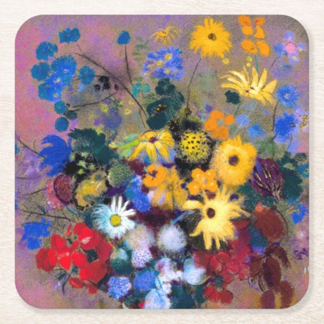 White Vase with Flowers Odilon Redon Square Paper Coaster (Front)