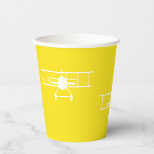 White Vintage Biplane on Yellow Background Paper Cups