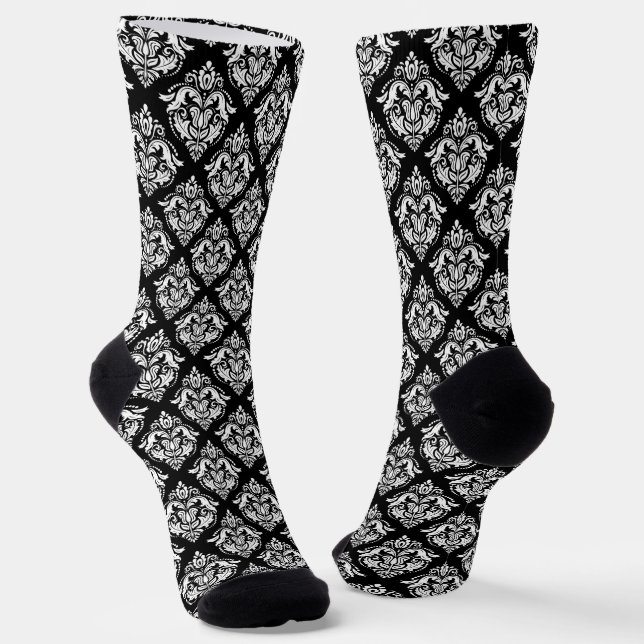 White vintage damask custom black background socks (Angled)