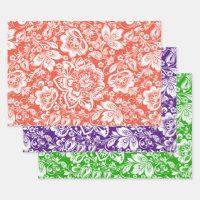 White vintage damask on orange, purple and green