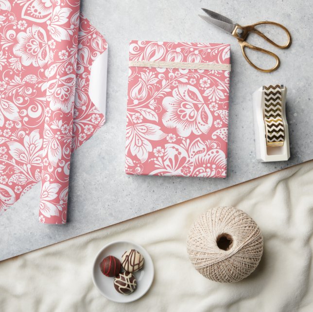 White vintage damask on pink background wrapping paper (Crafts)
