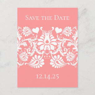 White Vintage Damask Shown On Pinky Peach Announcement Postcard