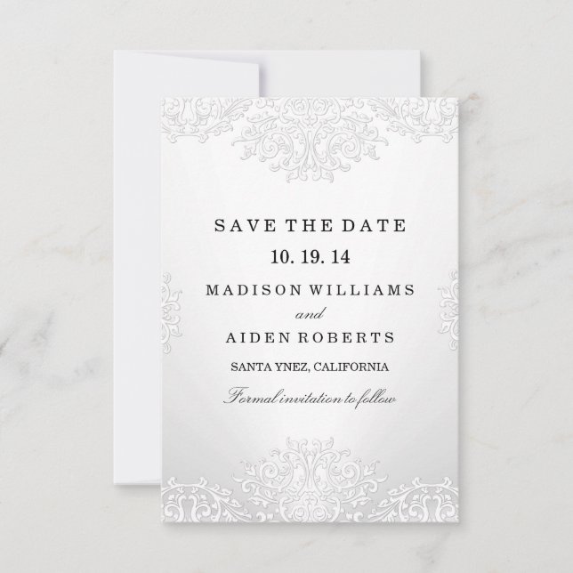White Vintage Damask Wedding Save The Date (Front)