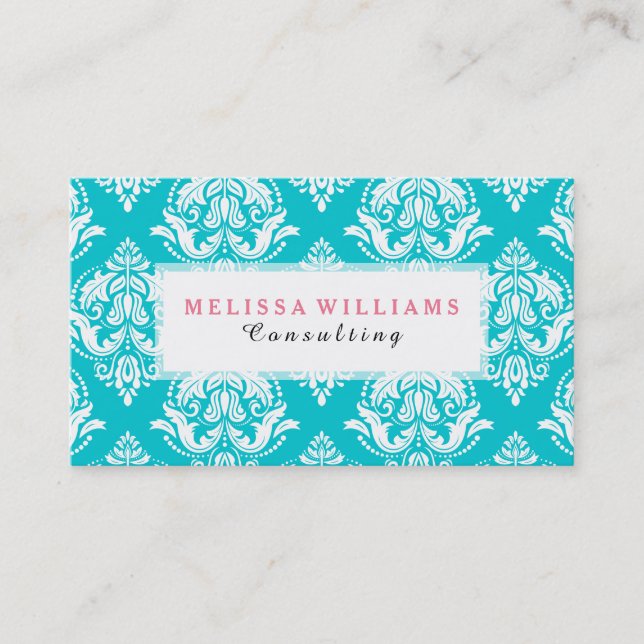 White Vintage Damasks On Turquoise Background Business Card (Front)