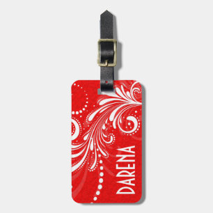 White Vintage Floral Swirl Red Damasks Monogram Luggage Tag