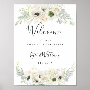White Vintage Floral Wellcome Poster