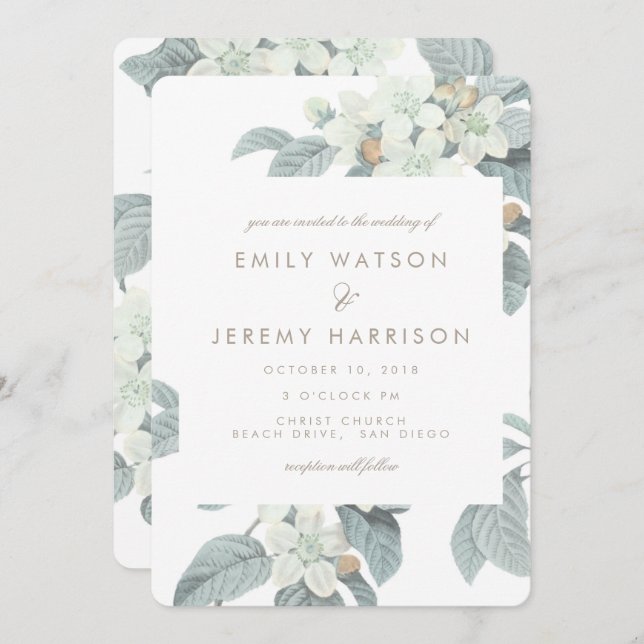 White Vintage Flower Blossoms Wedding Invitation (Front/Back)
