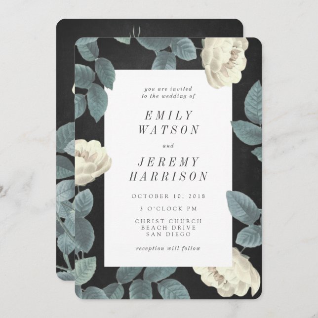 White Vintage Flower Chalkboard Wedding Invitation (Front/Back)