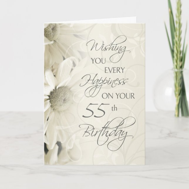White Vintage Flowers Happy 55th Birthday Card (Front)