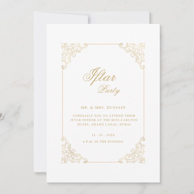 White Vintage Gold Calligraphy Script Iftar Party Invitation (Front)