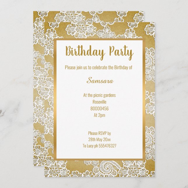 WHITE VINTAGE LACE GOLD ALL OCCASION BIRTHDAY INVITATION (Front/Back)