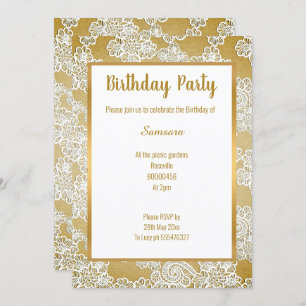 WHITE VINTAGE LACE GOLD ALL OCCASION BIRTHDAY INVITATION