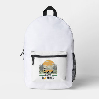 White Vintage Mountain Adventure Nature Camper Van Printed Backpack