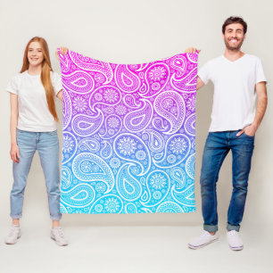 White vintage paisley over pink to blue ombre fleece blanket