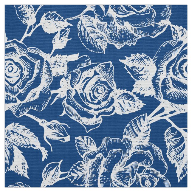 White Vintage Roses Pattern Custom Blue Background Fabric (Swatch)