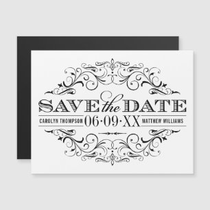 White Vintage Scrollwork Save Date Magnet