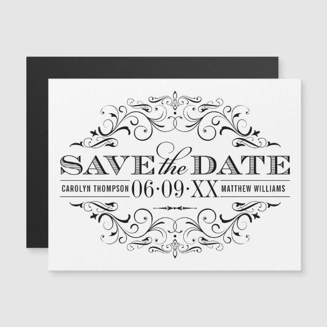 White Vintage Scrollwork Save Date Magnet (Front/Back)