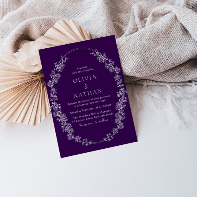 White Vintage Wreath Purple Wedding Invitation (Creator Uploaded)
