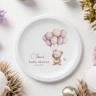 White Violet Beige Teddy Bear Balloons Paper Plate