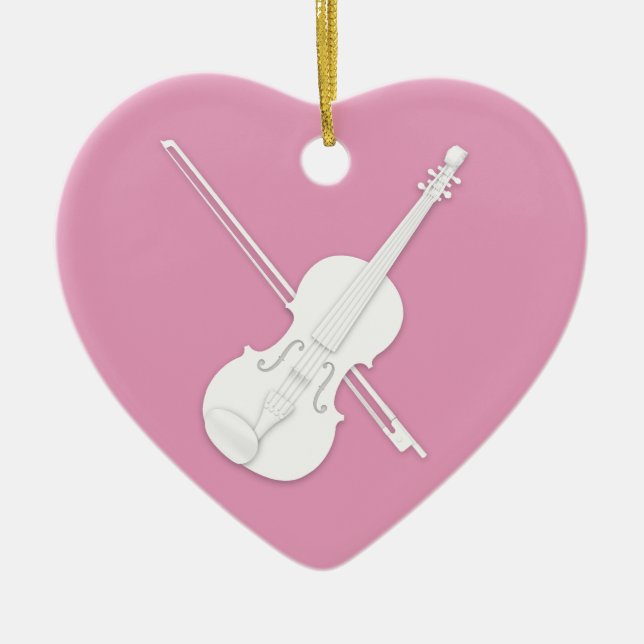 White Violin & Bow Pretty Pink Custom Heart Ceramic Tree Decoration (Front)