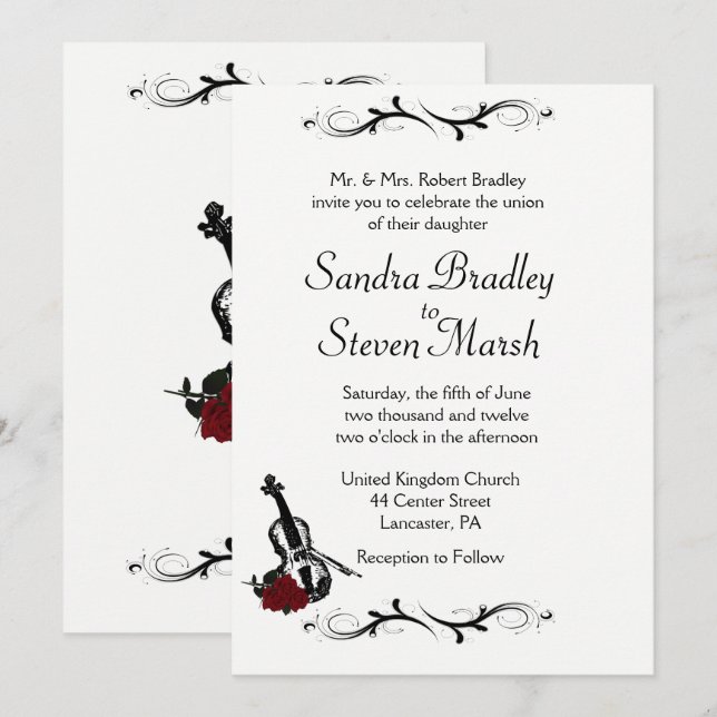 White Violin Music Wedding Invitation  5" x 7" (Front/Back)