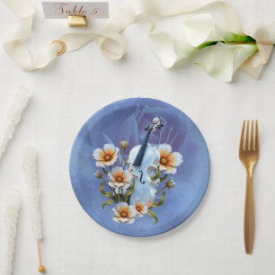 White Violin with Flowers – Elegant Music & Nature Paper Plate