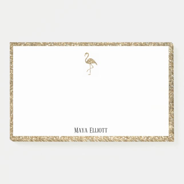 White w/ Gold Glitter Flamingo & Border + Name Post-it Notes (Front)