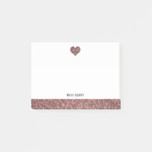 White w/ Rose Gold Faux Glitter Heart & Border Post-it Notes