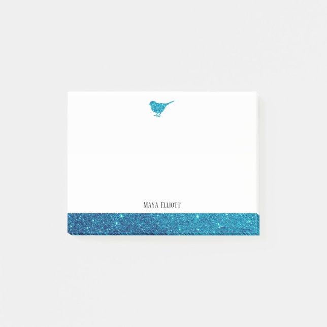 White w/ Teal Faux Glitter Bird & Border + Name Post-it Notes (Front)