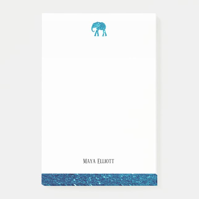 White w/ Teal Faux Glitter Elephant & Border, Name Post-it Notes (Front)