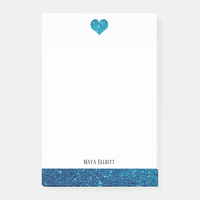 White w/ Teal Faux Glitter Heart & Border + Name Post-it Notes (Front)
