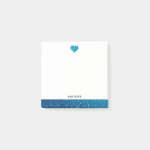 White w/ Teal Faux Glitter Heart & Border + Name Post-it Notes