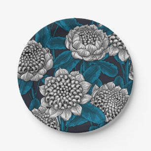 White waratah flowers paper plate