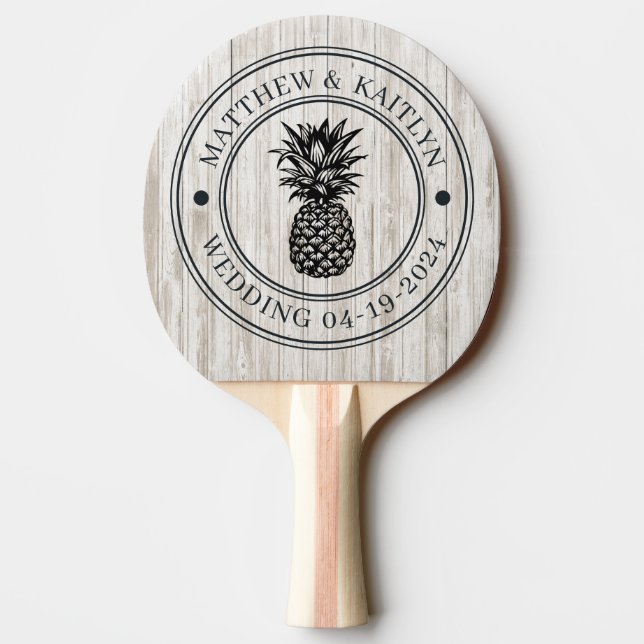 White Washed Wood Pineapple Wedding Crest & Names Ping Pong Paddle (Back)