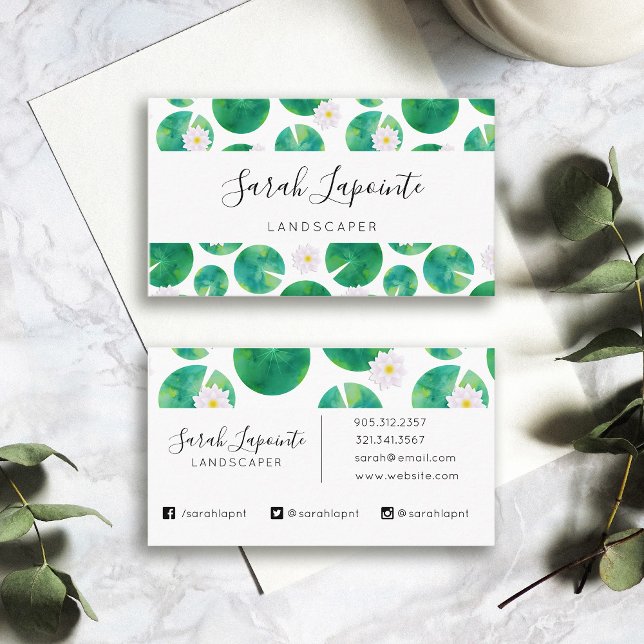 White Water Lily Flowers & Lily Pad Design Business Card (Lily Pad Pattern Business Card)