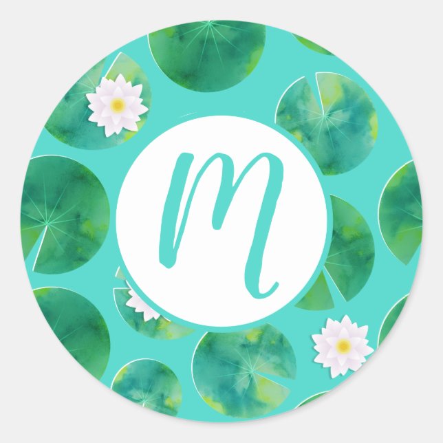 White Water Lily Flowers & Lily Pad Pattern Classic Round Sticker (Front)