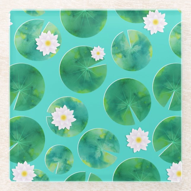 White Water Lily Flowers & Lily Pad Pattern Glass Coaster (Front)