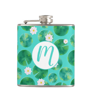 White Water Lily Flowers & Lily Pad Pattern Hip Flask