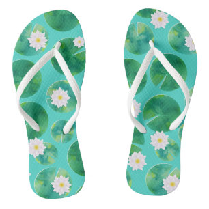 White Water Lily Flowers & Lily Pad Pattern Jandals