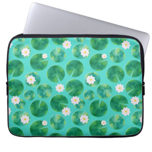 White Water Lily Flowers & Lily Pad Pattern Laptop Sleeve