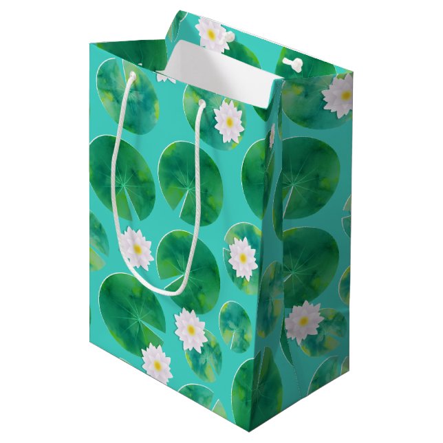 White Water Lily Flowers & Lily Pad Pattern Medium Gift Bag (Front Angled)
